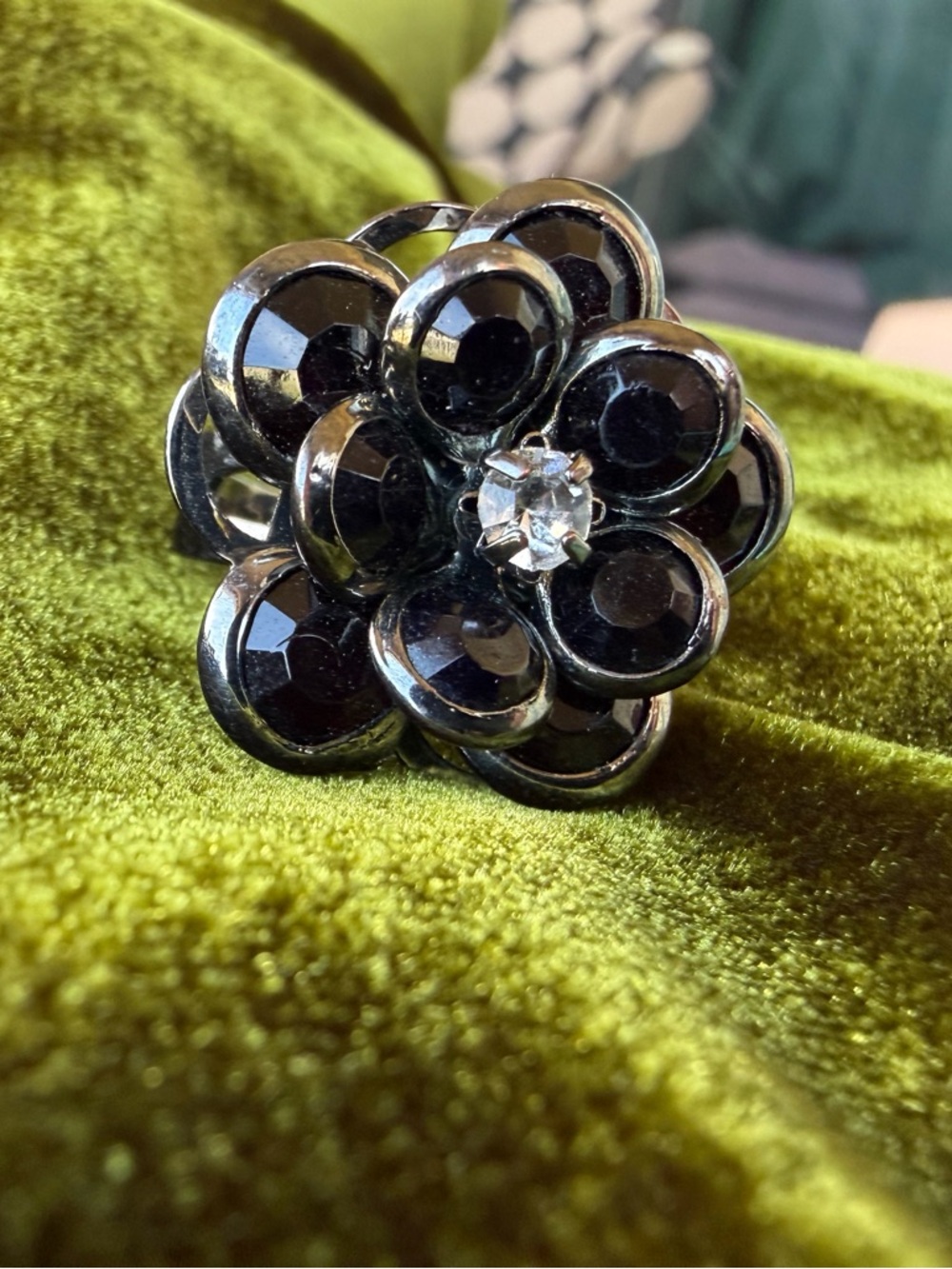 Black Floral Crystal Statement Ring